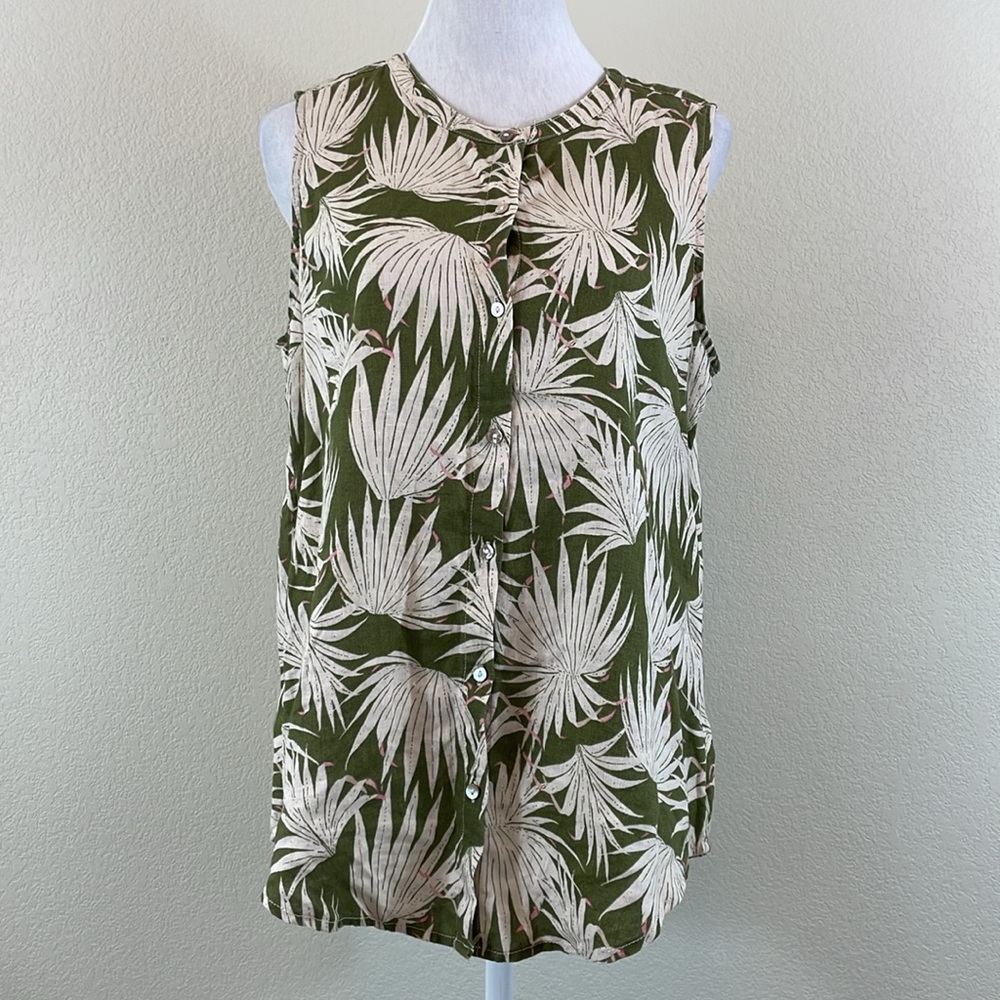 Tahari 100% linen floral sleeveless‎ button down blouse medium